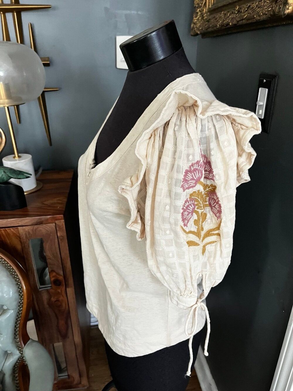 Anthropologie Embroidered Ruffled Shirt w ties Cottagecore sz L Cotton Festival - Picture 3 of 5